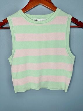 Zara Pastel Green and Pink Striped Crop Top Sweater Vest | Size Large